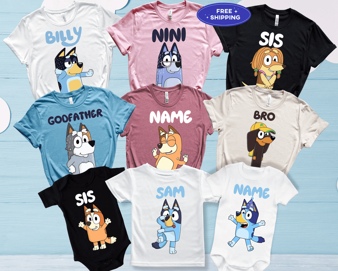 Best Custom Shirt Ideas for Birthday Parties | Bluey Kids Birthday Decor Ideas - Off Bubble