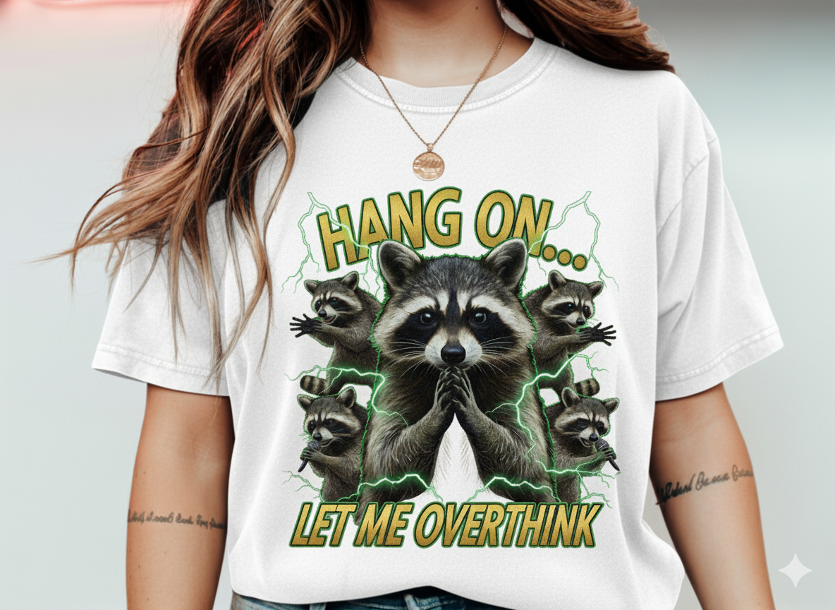 Person wearing a white t-shirt with raccoon graphic and text 'Hang on, let me overthink' on a plain background